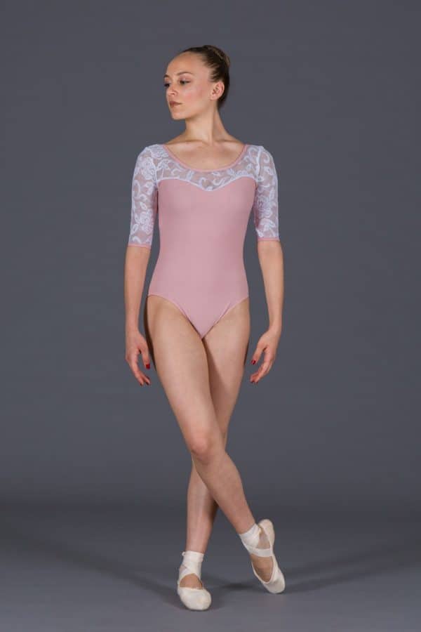 Women's dance leotard round neckline lace insert